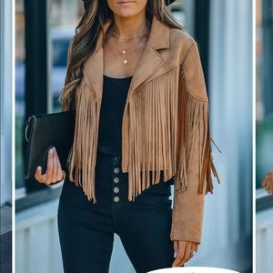 VICI - WALFORD CROPPED FRINGE FAUX SUEDE JACKET - CAMEL